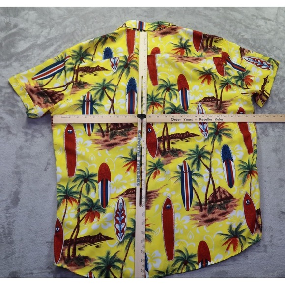 ALEX VANDO Yellow Hawaiian Surfboard Palm Tree Aloha Button Shirt 2XL Easy Care - Picture 4 of 6